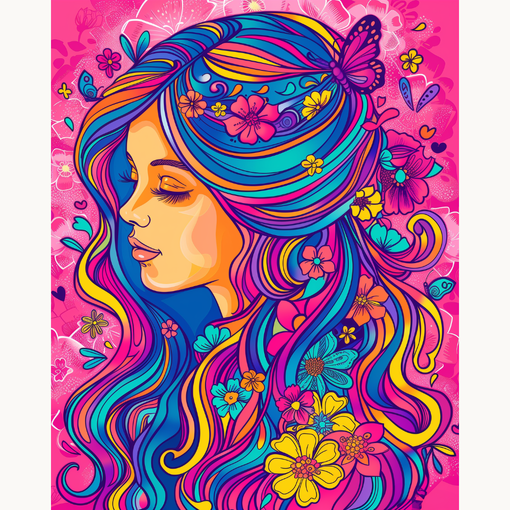 In the image, a girl with long hair and vibrant colors adorns her face and attire is portrayed.