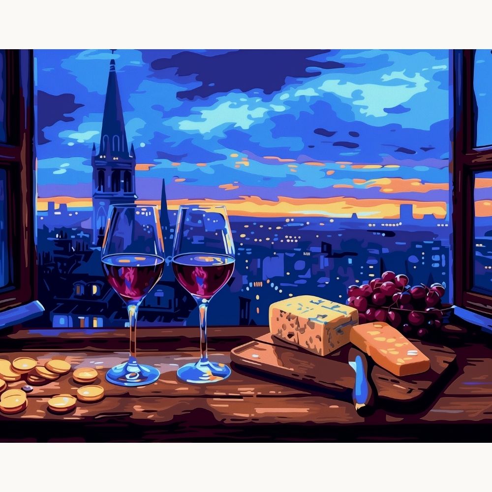 The image portrays a cozy evening scene featuring two wine glasses on a wooden windowsill.