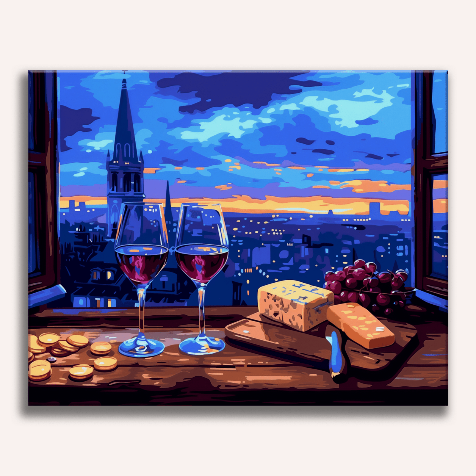 The image portrays a cozy evening scene featuring two wine glasses on a wooden windowsill.