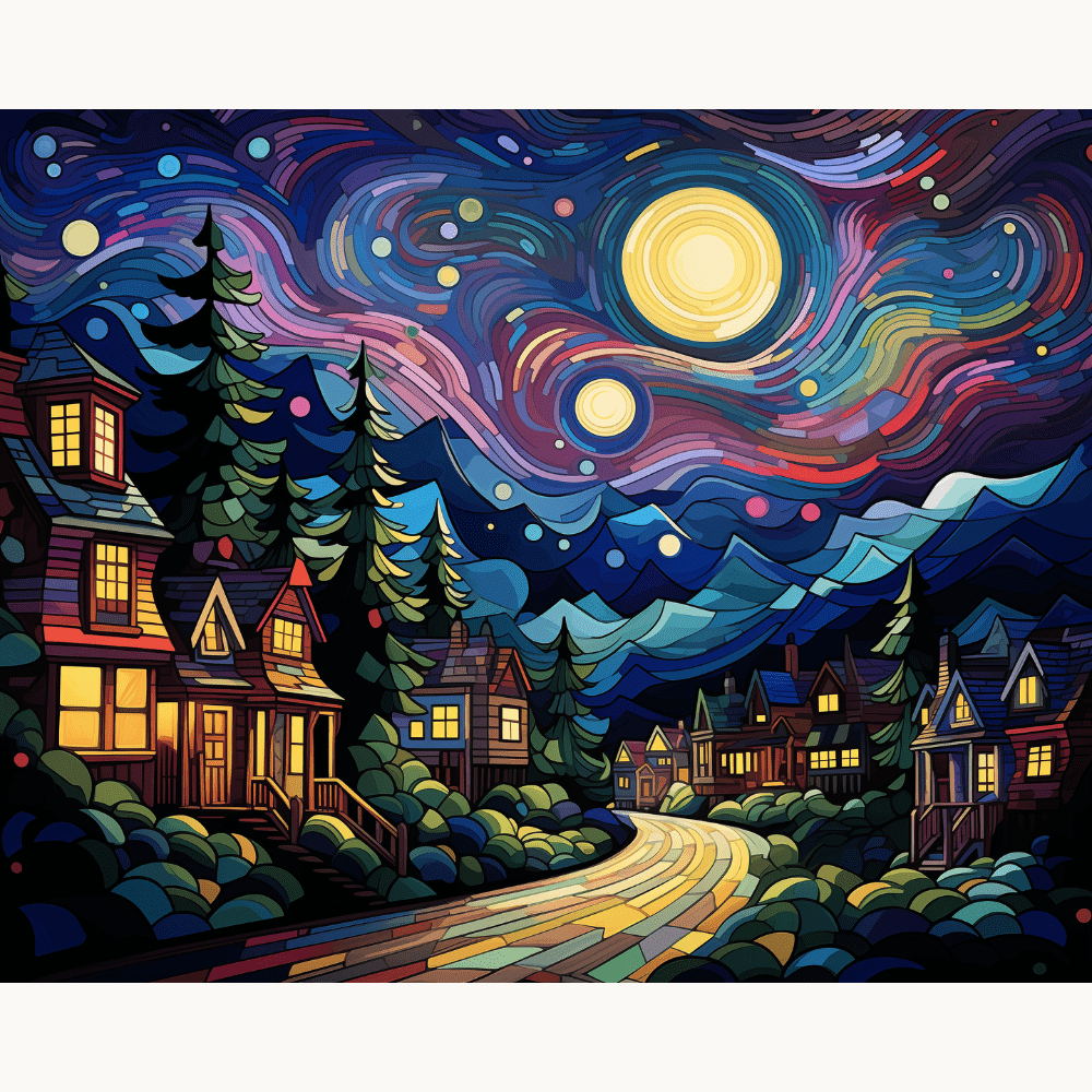 The image presents a vibrant night scene featuring a picturesque village nestled at the base of mountains under a star-studded sky.