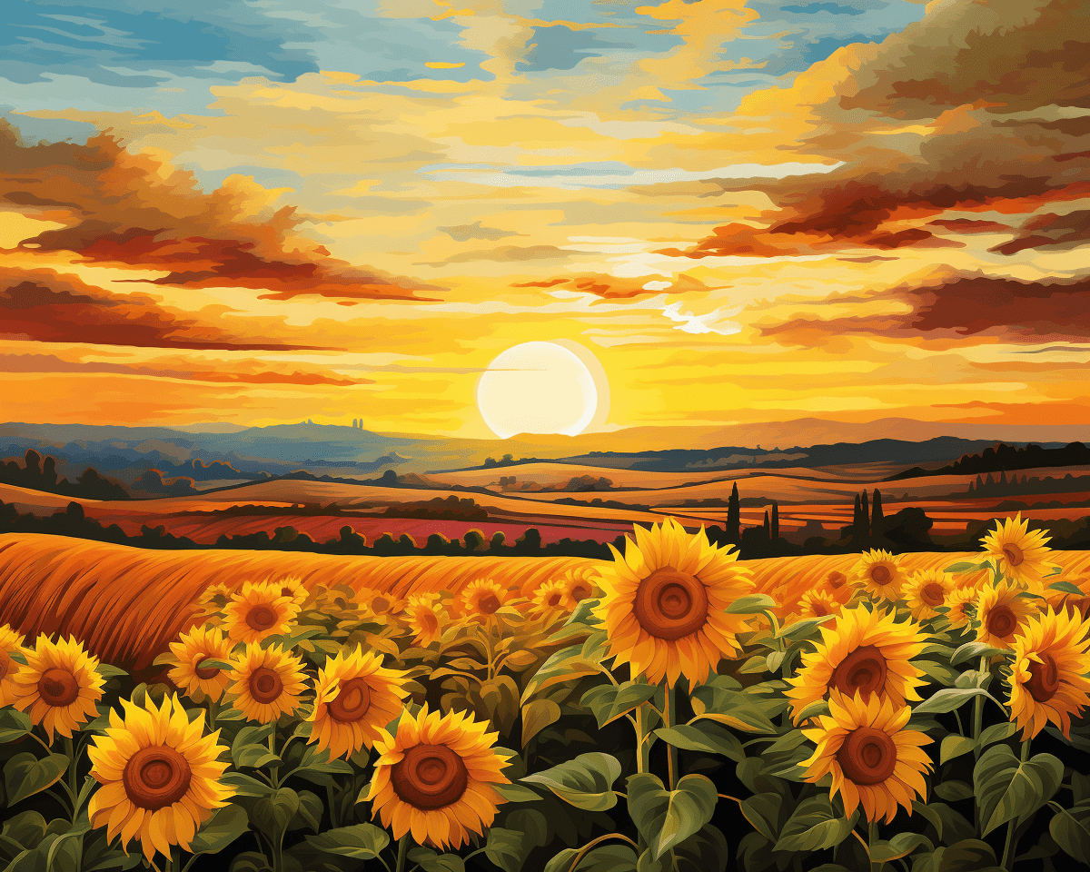 A vibrant sunset painting depicts a serene rural scene.