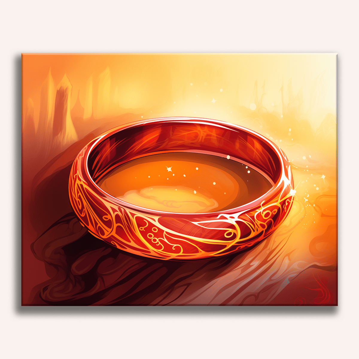 This is a digital artwork depicting a vividly ornate ring with intricate designs and what appears to be an illuminated center, set against a backdrop that hints at a mystical or enchanted environment..