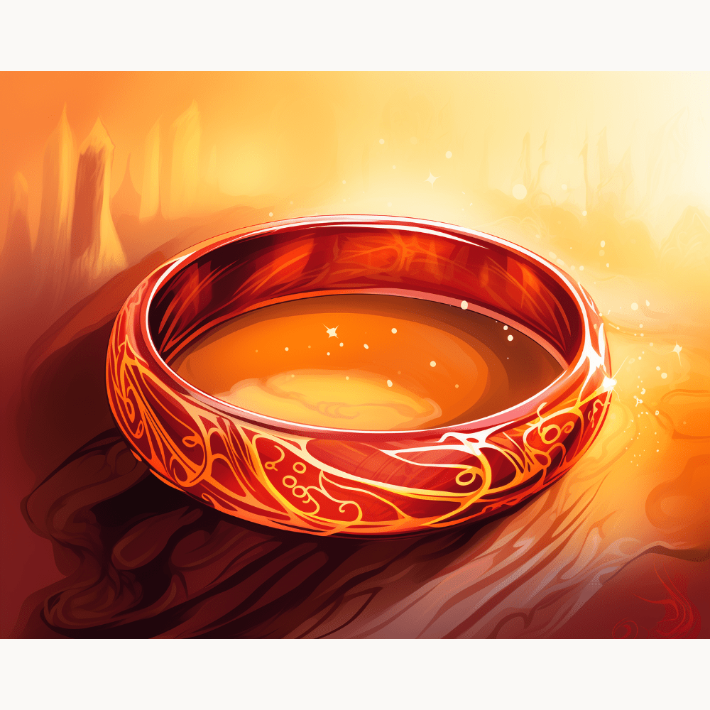 This is a digital artwork depicting a vividly ornate ring with intricate designs and what appears to be an illuminated center, set against a backdrop that hints at a mystical or enchanted environment..