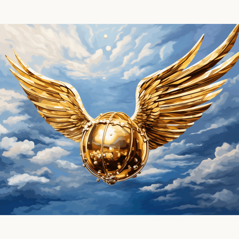 A large, ornate golden angel sculpture takes flight against a cloudy sky backdrop..