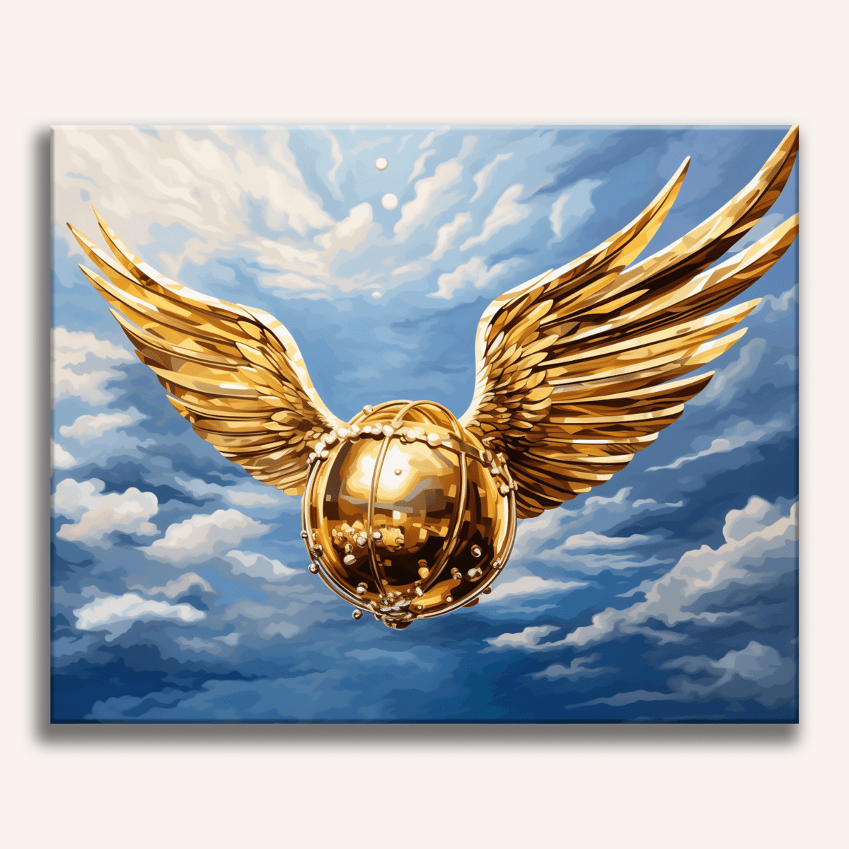 A large, ornate golden angel sculpture takes flight against a cloudy sky backdrop..