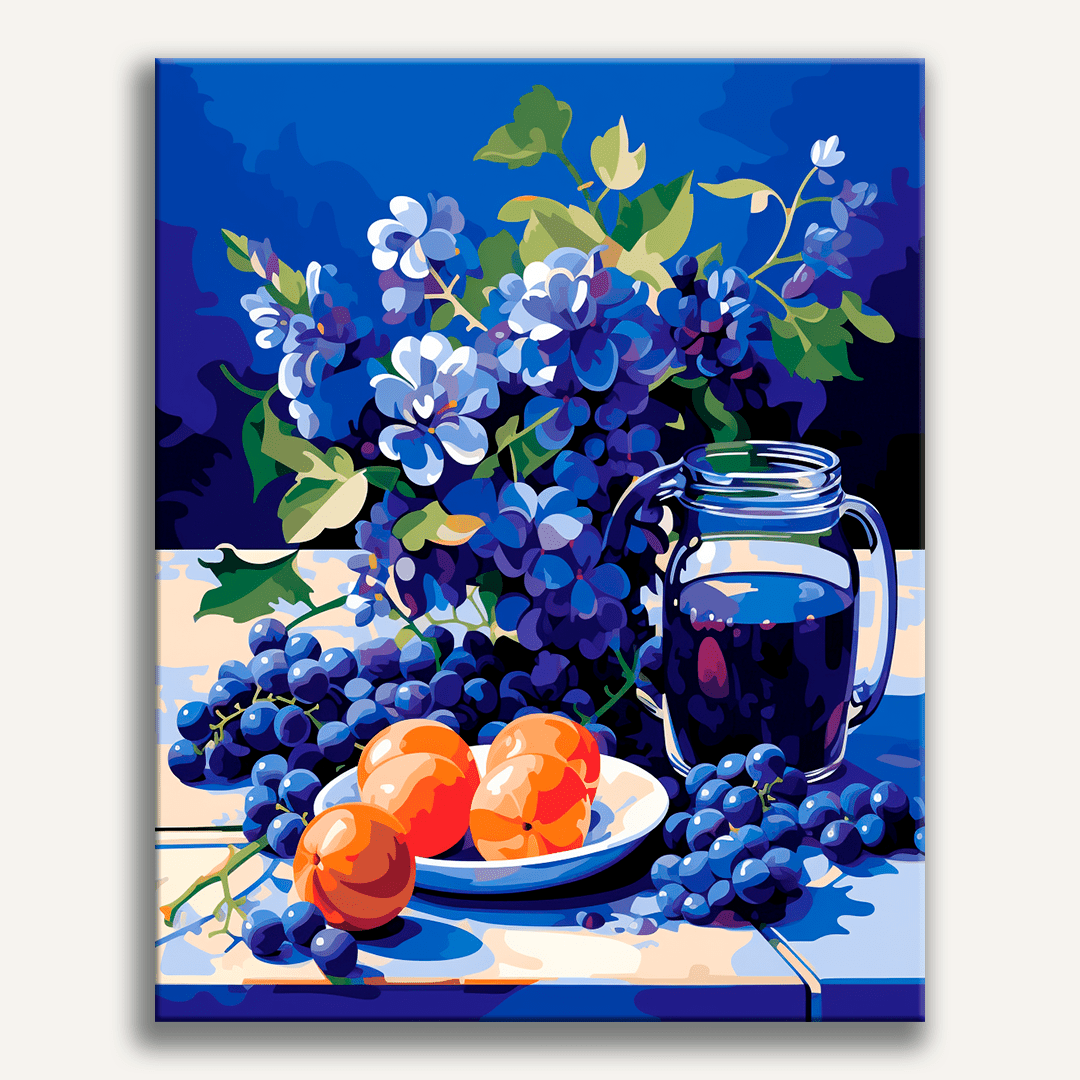 A colorful still life print featuring a vase filled with blue flowers and green leaves on a table next to a glass jar of fruit.
