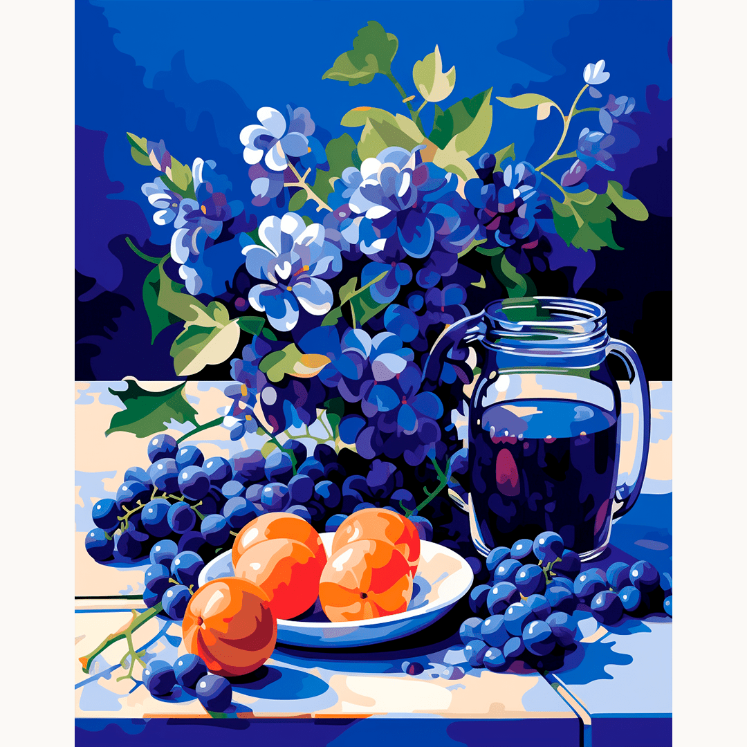 A colorful still life print featuring a vase filled with blue flowers and green leaves on a table next to a glass jar of fruit.