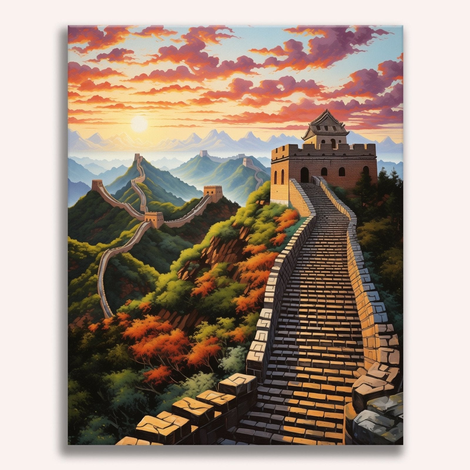 A majestic, historical Chinese Great Wall, constructed from stone and brick, ascends a verdant hillside.