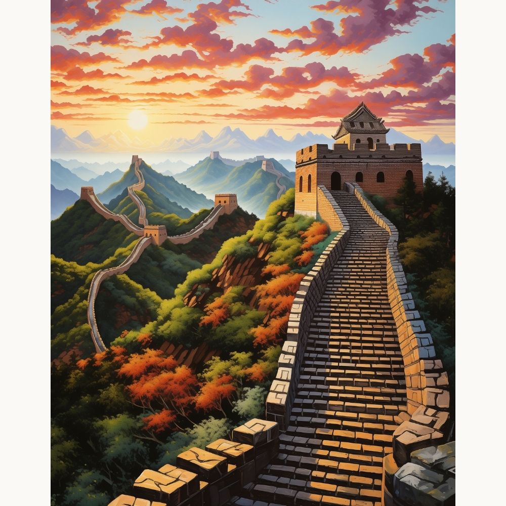 A majestic, historical Chinese Great Wall, constructed from stone and brick, ascends a verdant hillside.