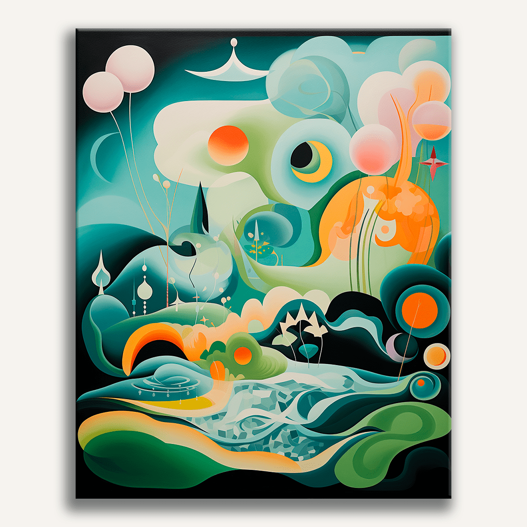 A large, vivid abstract painting features a fantastical scene filled with swirling patterns and vibrant colors.