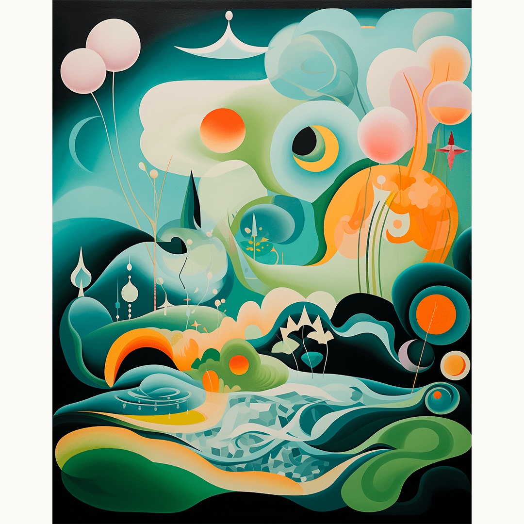 A large, vivid abstract painting features a fantastical scene filled with swirling patterns and vibrant colors.