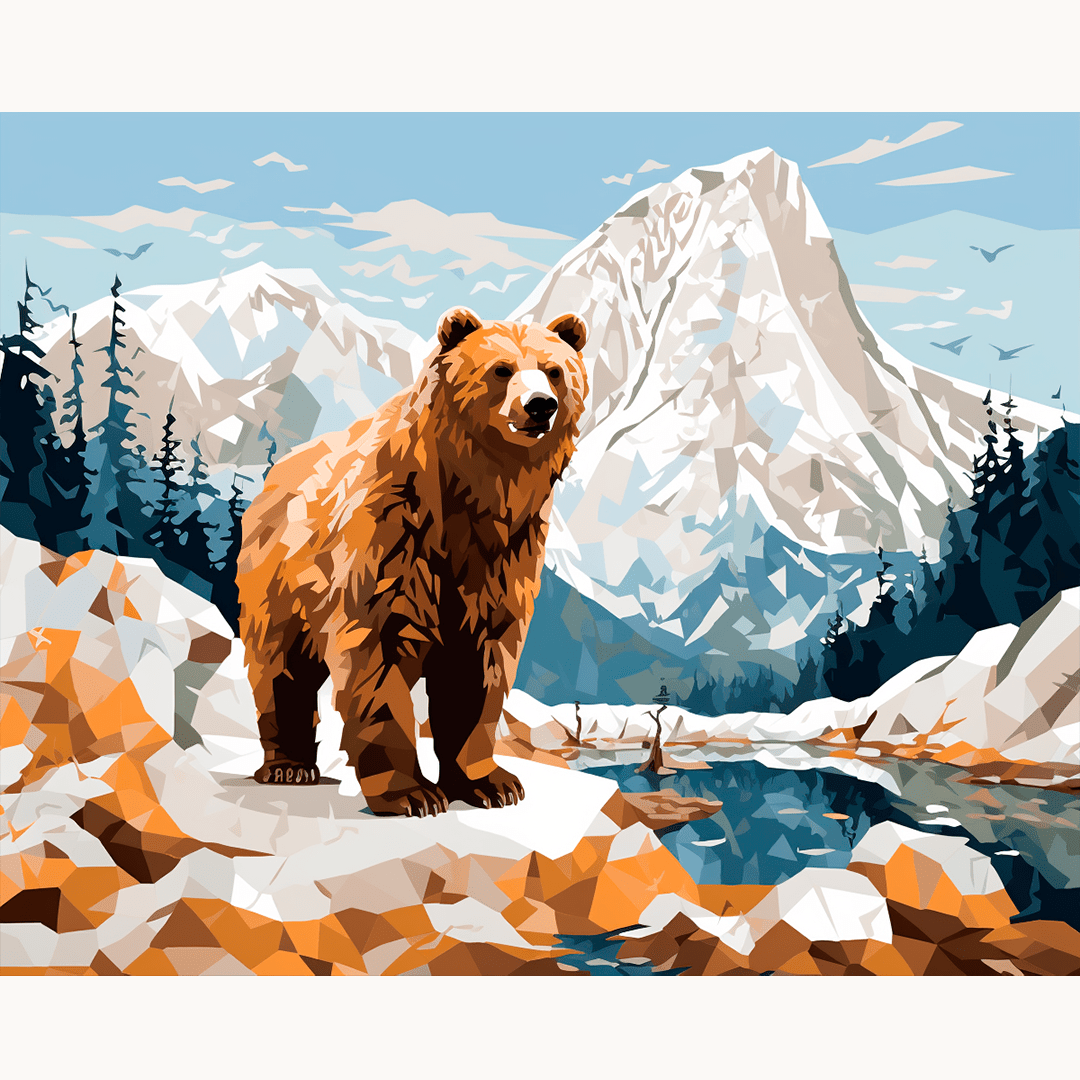An illustration showcases a majestic brown bear, positioned atop a rocky ledge.