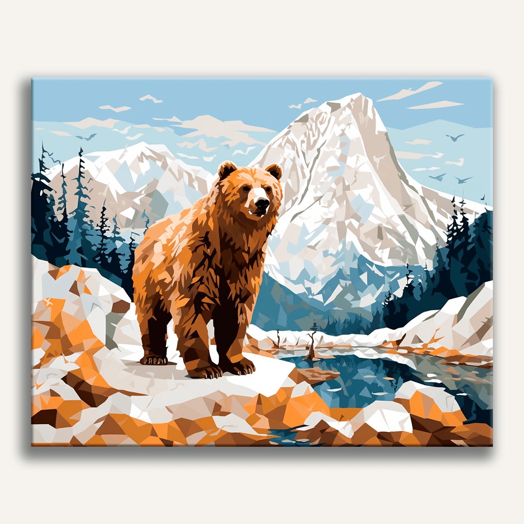 An illustration showcases a majestic brown bear, positioned atop a rocky ledge.