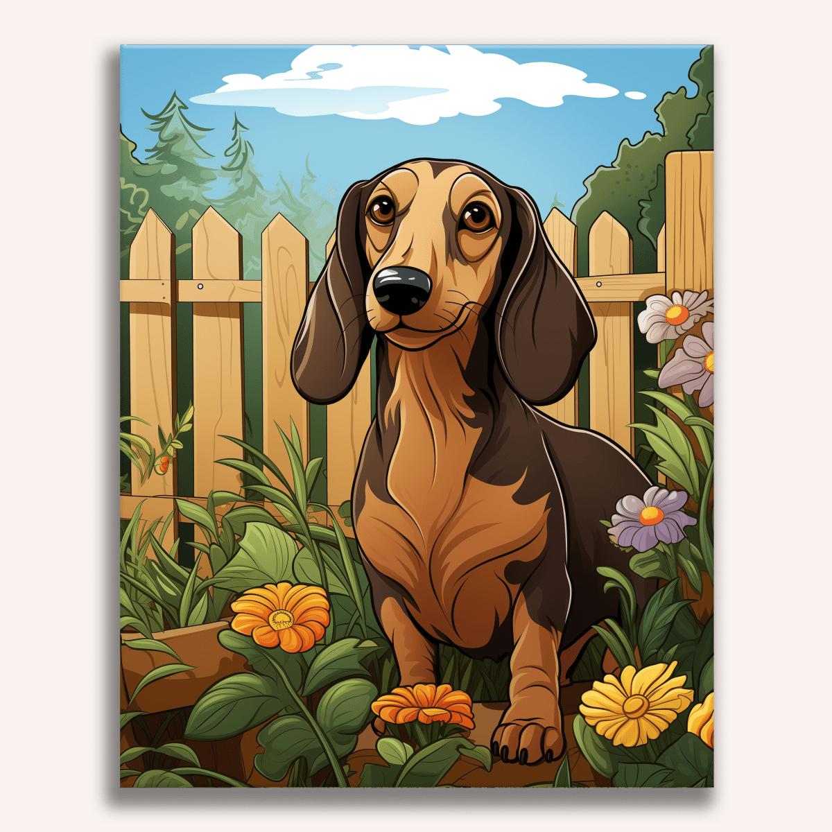 This is a colorful illustration featuring a cartoon Dachshund standing in front of a wooden fence.