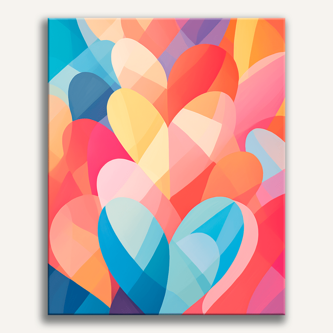 A colorful poster features an abstract design composed of overlapping heart shapes in various shades of pink, orange, and red, giving a sense of movement and energy..