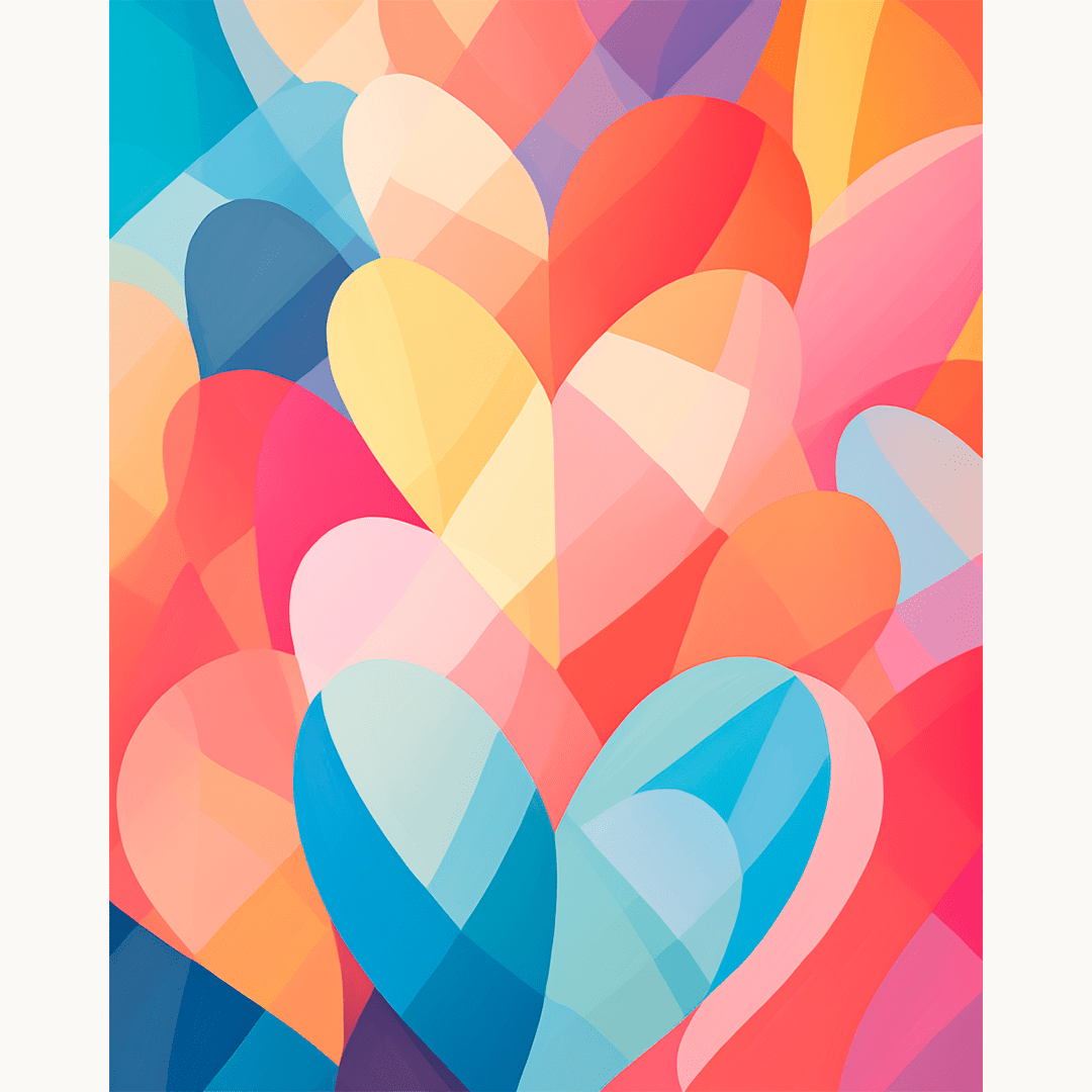 A colorful poster features an abstract design composed of overlapping heart shapes in various shades of pink, orange, and red, giving a sense of movement and energy..