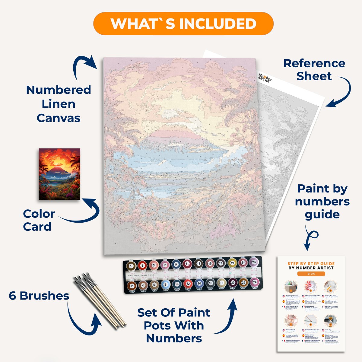 A vibrant illustration of a mystical landscape, featuring a majestic volcano at its center with a plume of smoke, flanked by lush tropical vegetation and a radiant sunset casting warm hues over the scene..