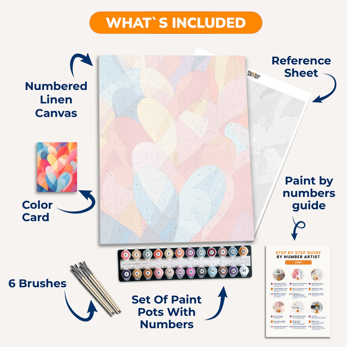 A colorful poster features an abstract design composed of overlapping heart shapes in various shades of pink, orange, and red, giving a sense of movement and energy..