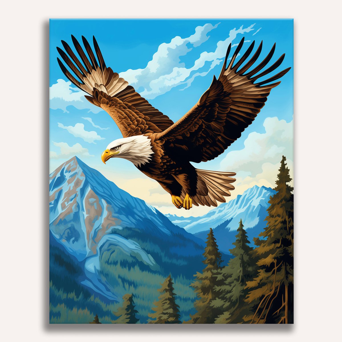 A poster captures a majestic eagle soaring high over a mountain range.