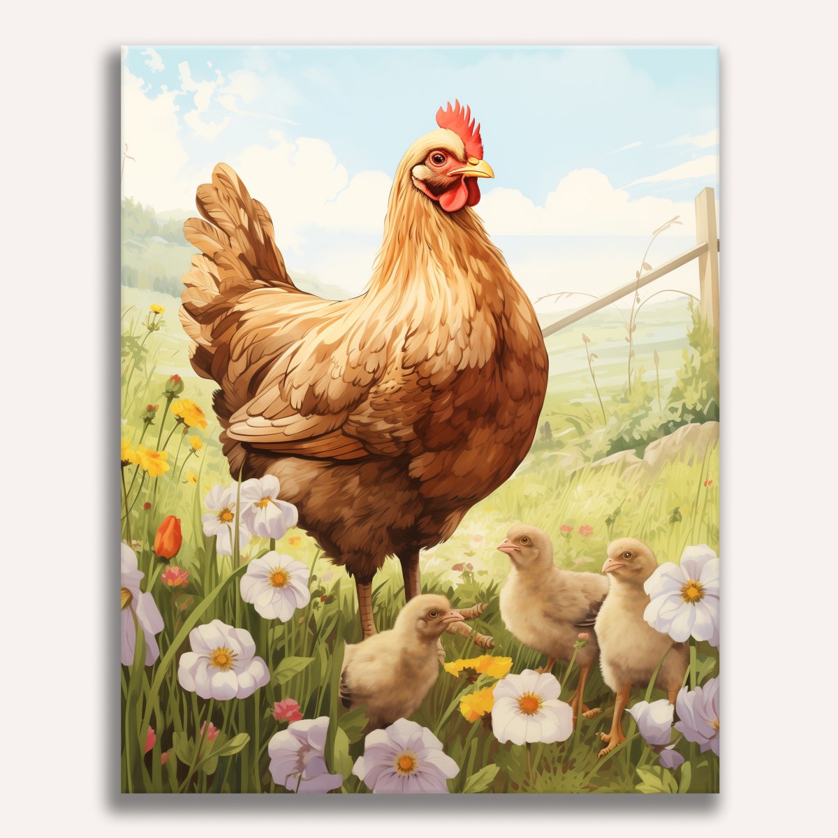 A vibrant illustration depicts a large, golden-brown rooster standing amidst an assortment of fluffy chicks in a field filled with flowers and grass..