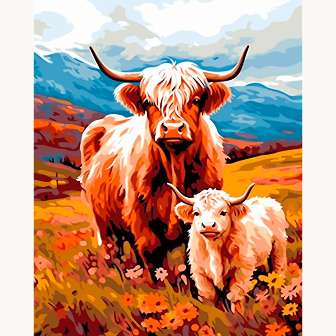 In the image, two cows, one larger and one smaller, are standing together on a grassy hillside.
