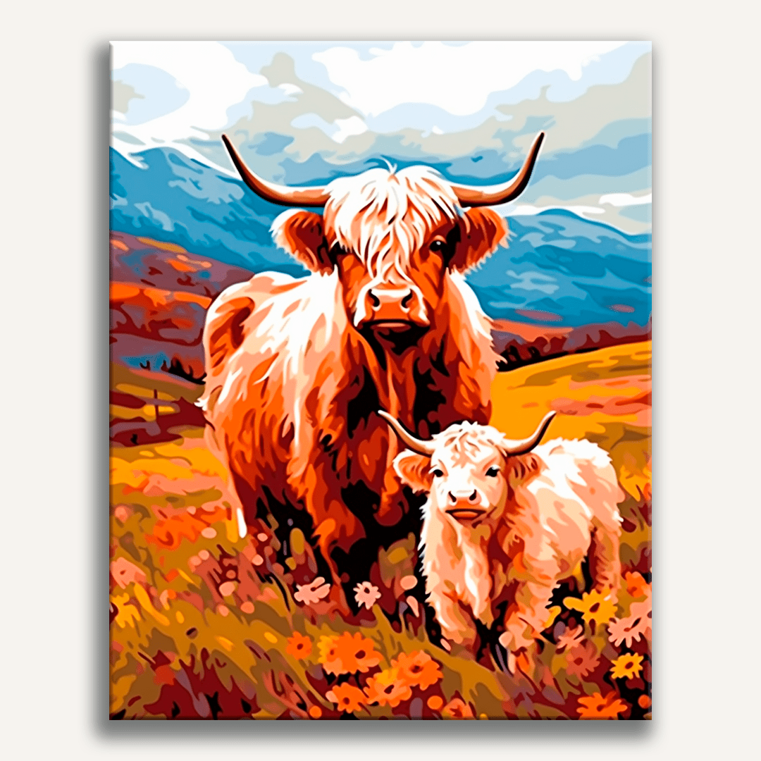 In the image, two cows, one larger and one smaller, are standing together on a grassy hillside.