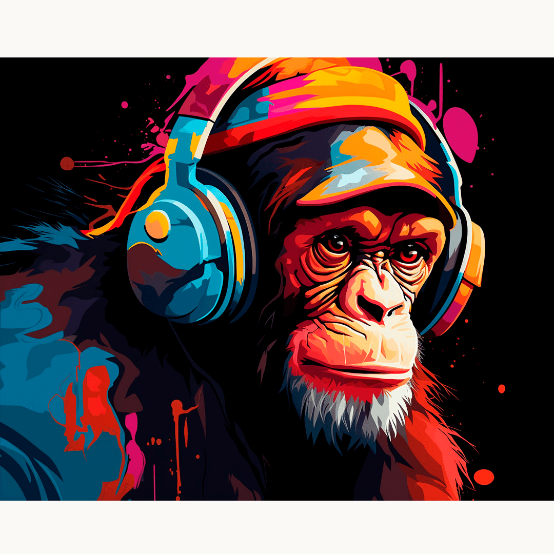 This image features a vibrant and colorful illustration of an anthropomorphic chimpanzee wearing headphones around its neck, focused intently on the music it's listening to.