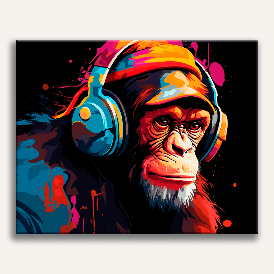 This image features a vibrant and colorful illustration of an anthropomorphic chimpanzee wearing headphones around its neck, focused intently on the music it's listening to.