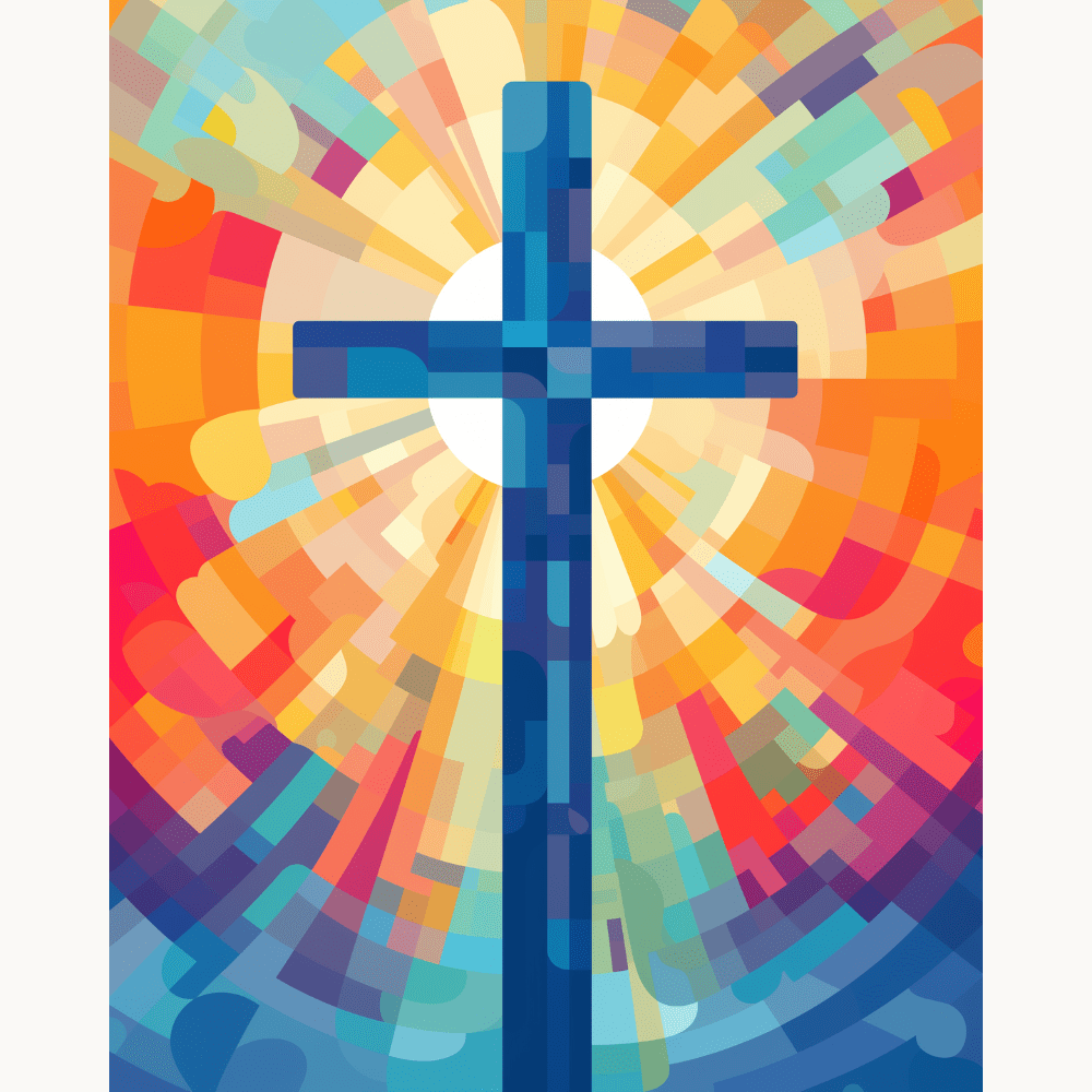 The image features a colorful and vibrant depiction of a cross against a backdrop that resembles a sunset or stained glass effect.