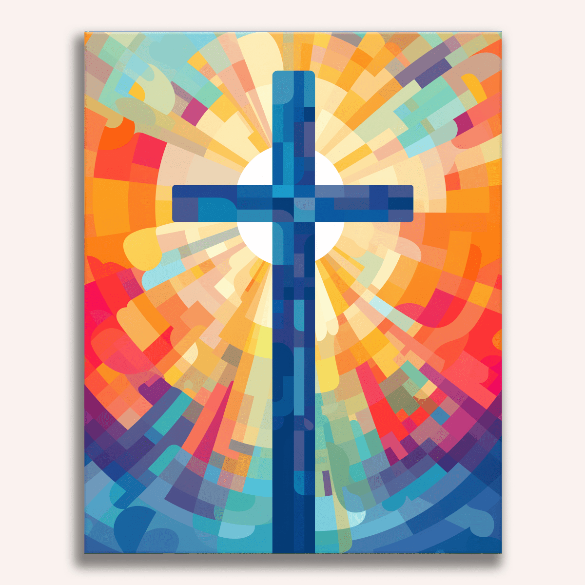 The image features a colorful and vibrant depiction of a cross against a backdrop that resembles a sunset or stained glass effect.