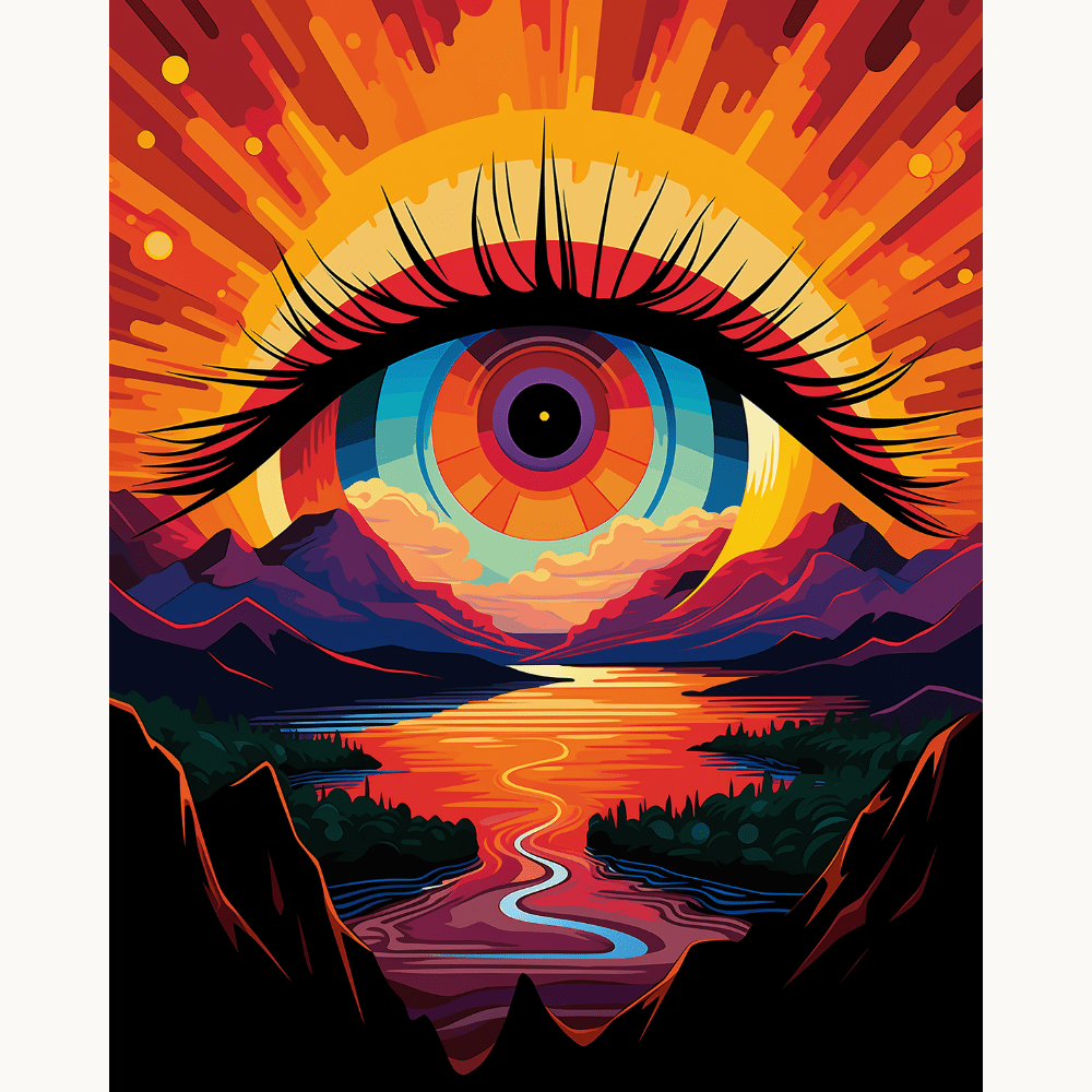 A vibrant and detailed poster depicts an expansive mountainous landscape at sunrise or sunset.