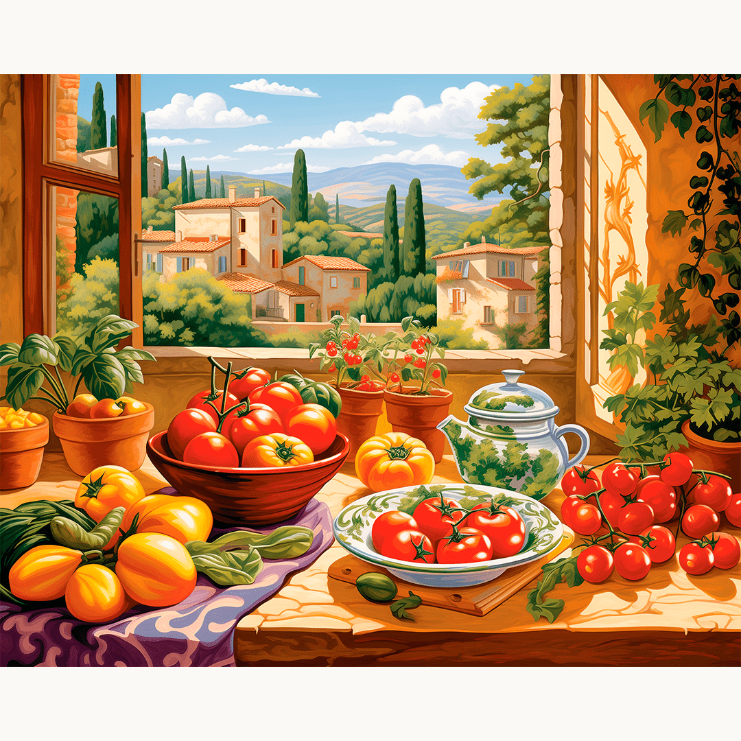 The image presents a tranquil kitchen scene bathed in soft sunlight.