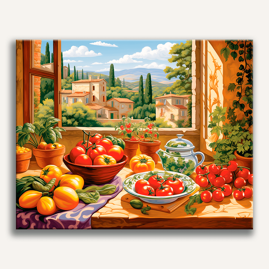 The image presents a tranquil kitchen scene bathed in soft sunlight.