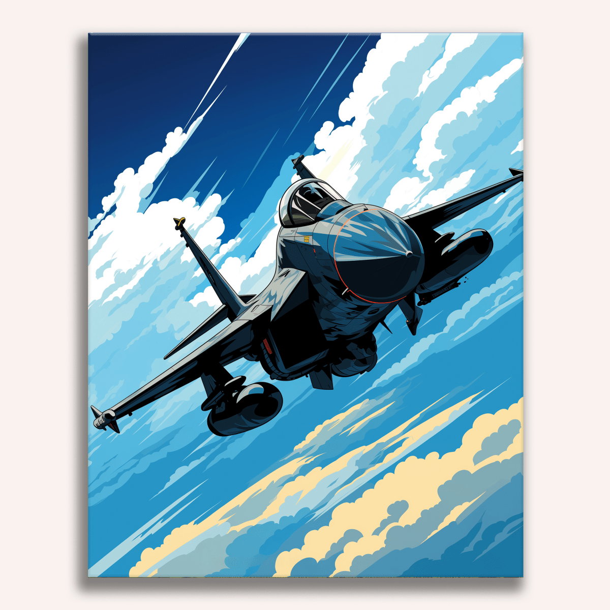 The image depicts a fighter jet in flight against a backdrop of a cloudy sky.