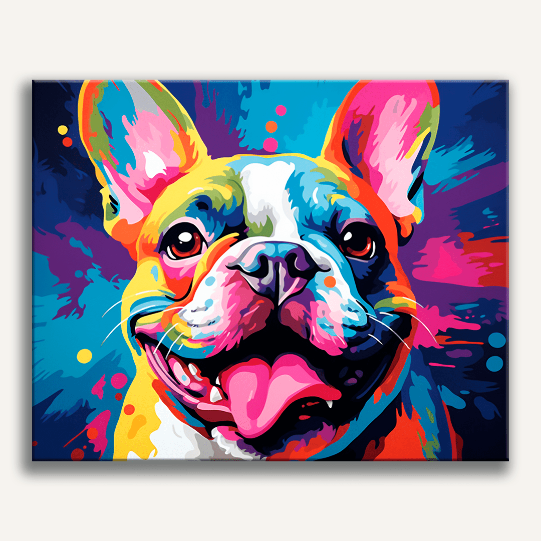 The image displays a vibrant poster featuring a French Bulldog as the central focus.