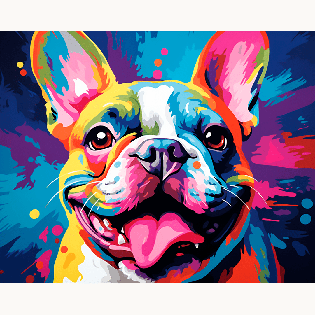 The image displays a vibrant poster featuring a French Bulldog as the central focus.
