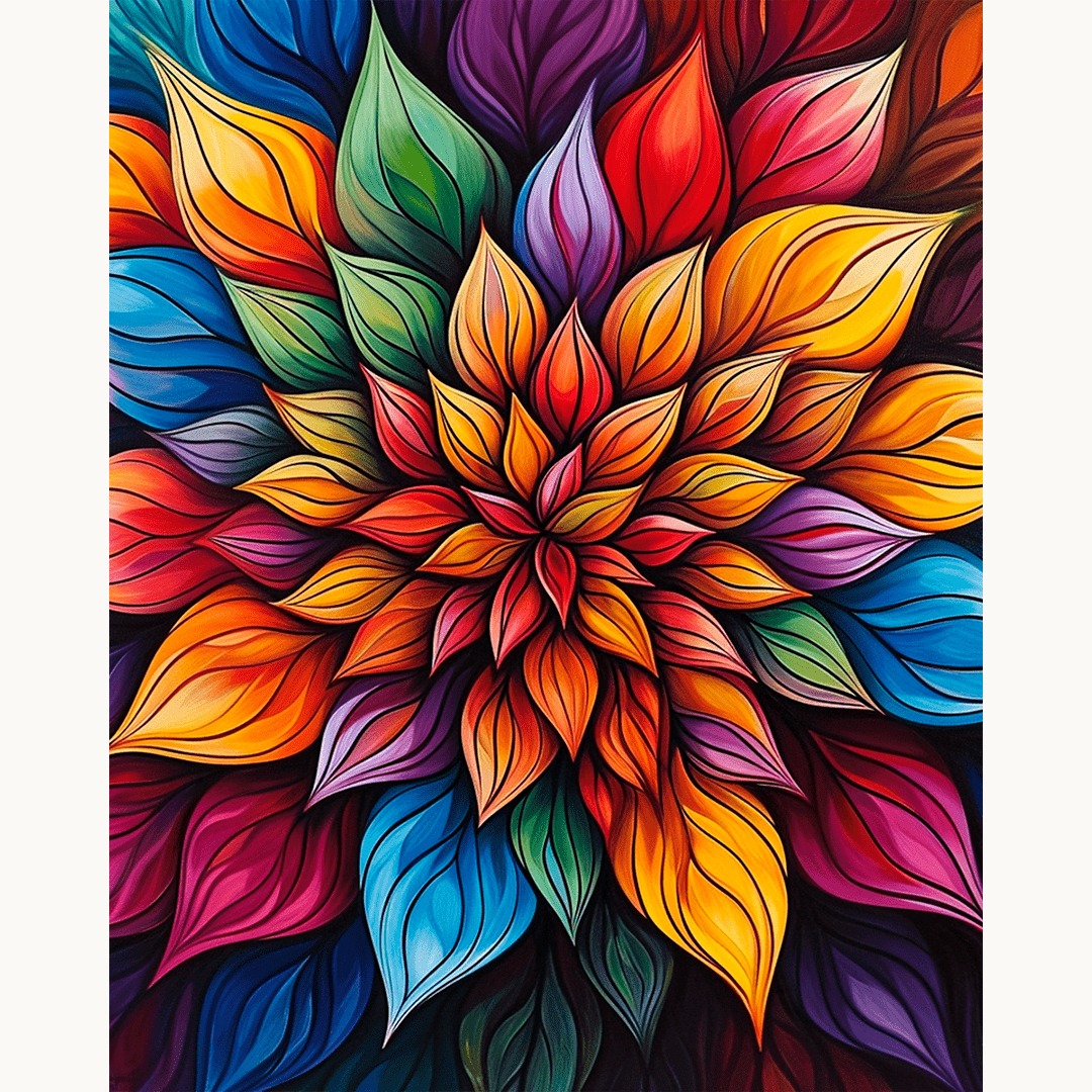 An art print featuring a vibrant abstract pattern composed of interconnected organic shapes in various hues of blue, green, red, and purple.