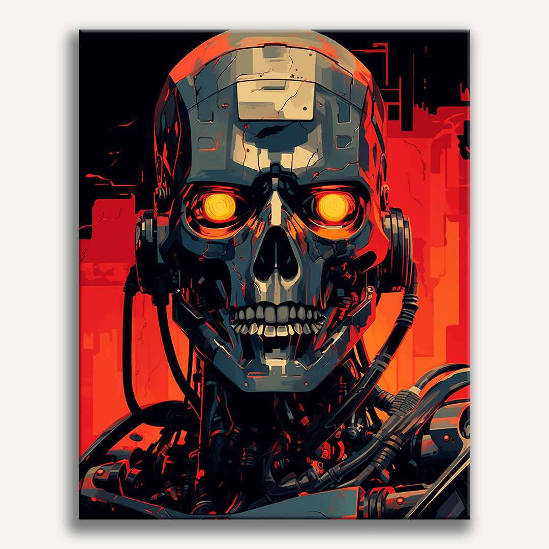 The image portrays a robot head with an orange glow, showcasing intricate mechanical details.