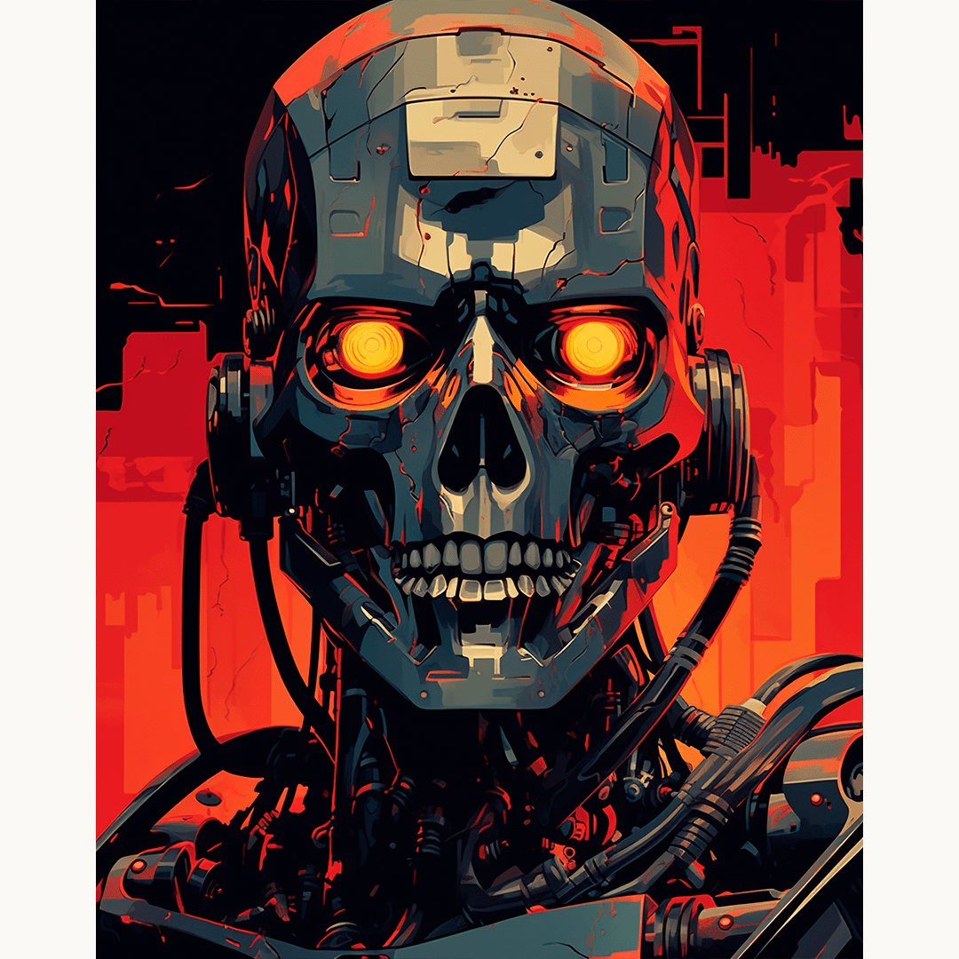 The image portrays a robot head with an orange glow, showcasing intricate mechanical details.