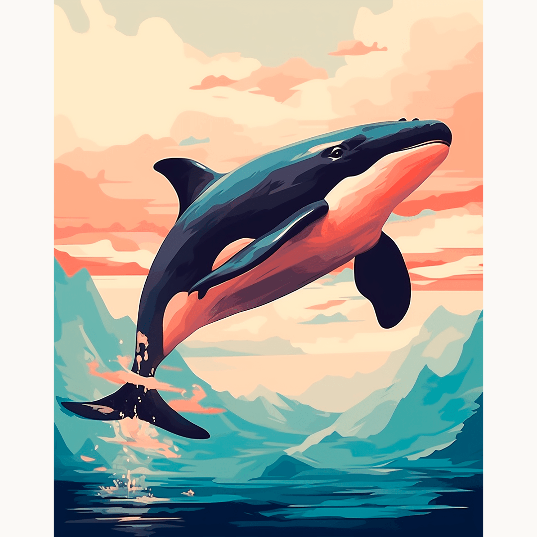 A digital illustration depicts a majestic blue orca whale leaping out of the water into a vibrant, colorful sky, with snow-capped mountains in the distance and a soft pink glow suggesting either sunrise or sunset..