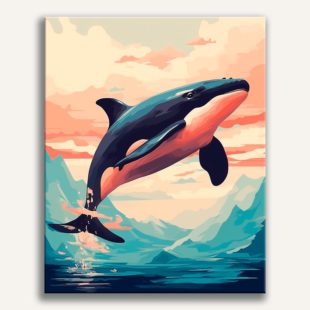 A digital illustration depicts a majestic blue orca whale leaping out of the water into a vibrant, colorful sky, with snow-capped mountains in the distance and a soft pink glow suggesting either sunrise or sunset..