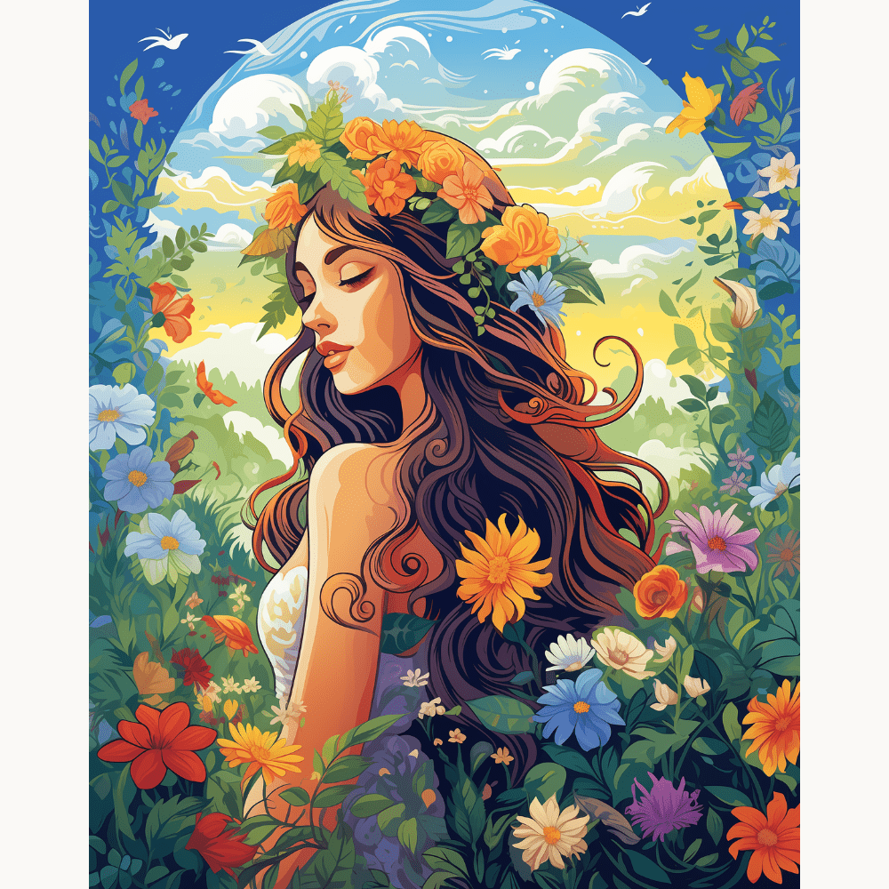 A woman, adorned with flowers, stands amidst a field of wildflowers, gazing into the distance.