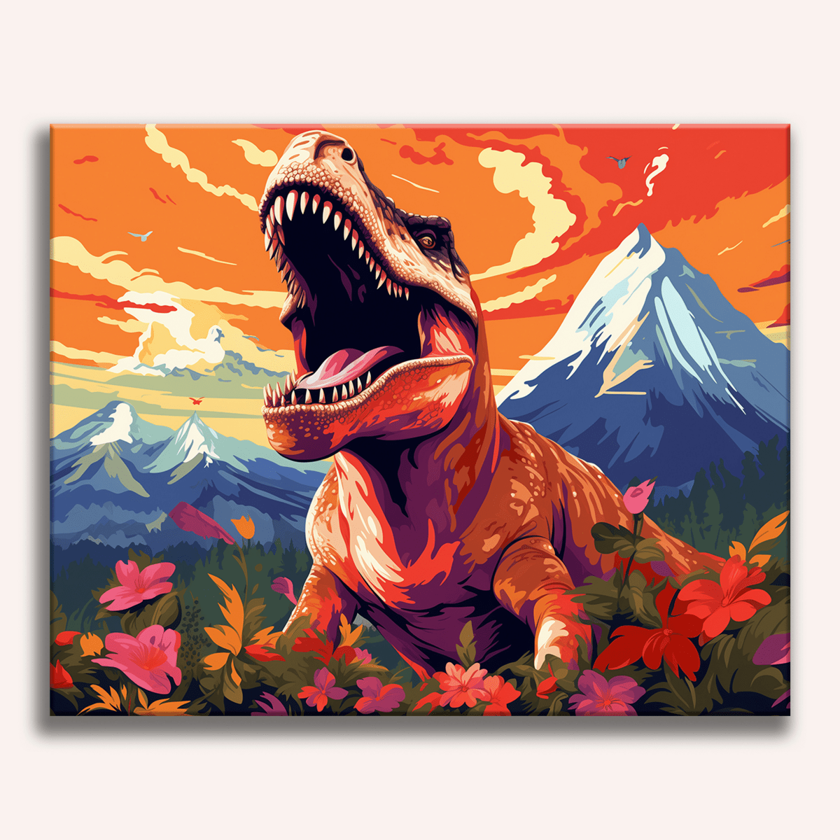 This image features a stylized illustration of a Tyrannosaurus Rex standing amidst vibrant flora against a backdrop that combines elements of a mountain landscape with a colorful sky..
