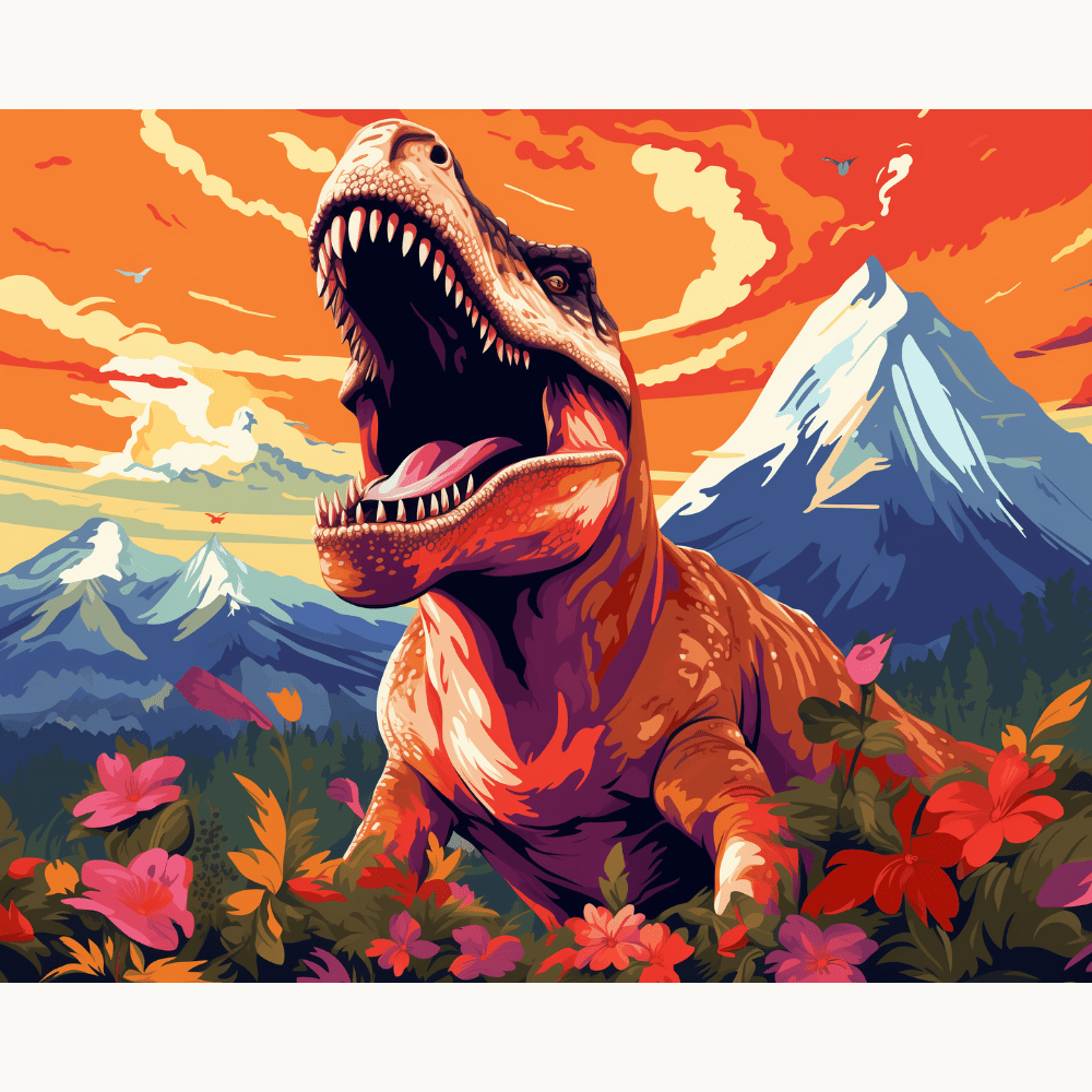 This image features a stylized illustration of a Tyrannosaurus Rex standing amidst vibrant flora against a backdrop that combines elements of a mountain landscape with a colorful sky..