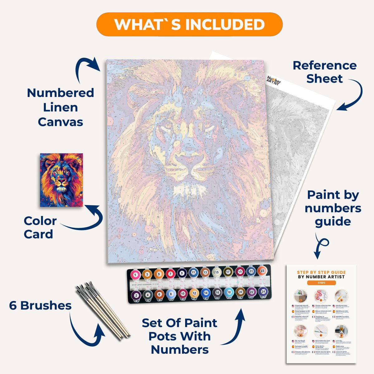 The image showcases a majestic lion, captured in an artistic portrait style, within a vibrant color palette.