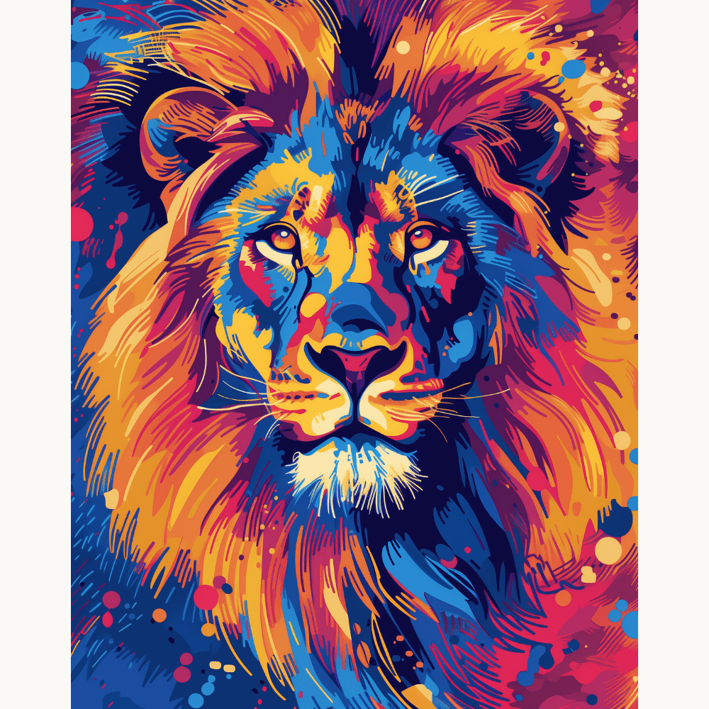 The image showcases a majestic lion, captured in an artistic portrait style, within a vibrant color palette.