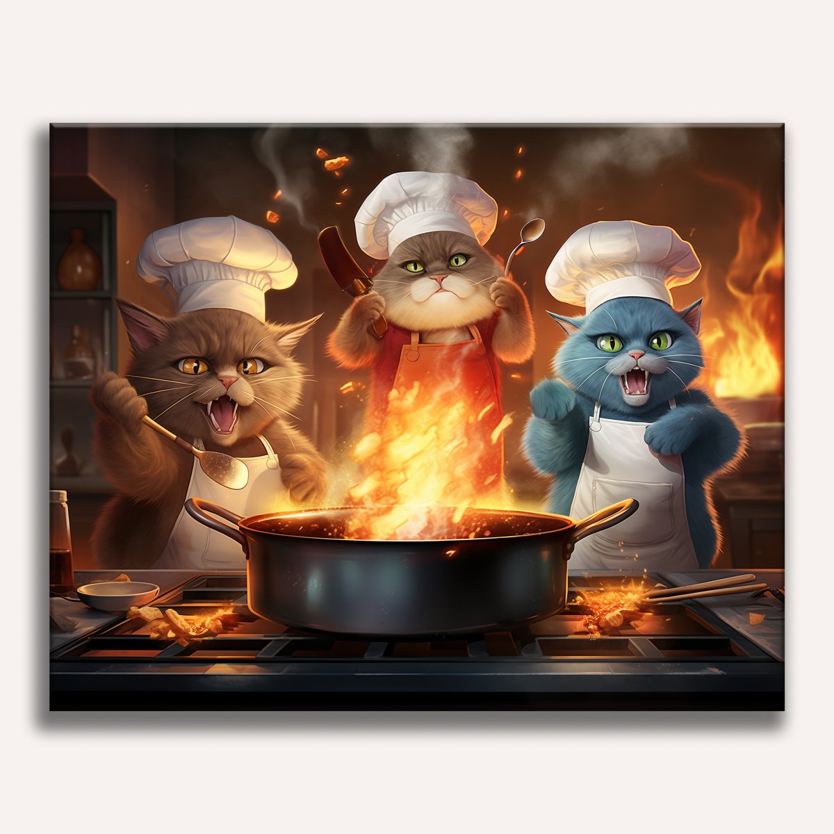 In this illustration, three anthropomorphic cats are depicted as chefs in a kitchen, preparing food over an open flame.