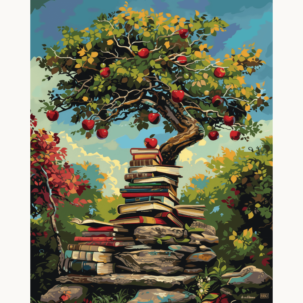 This image depicts a vibrant and detailed illustration featuring an apple tree with many ripe apples in various shades of red.