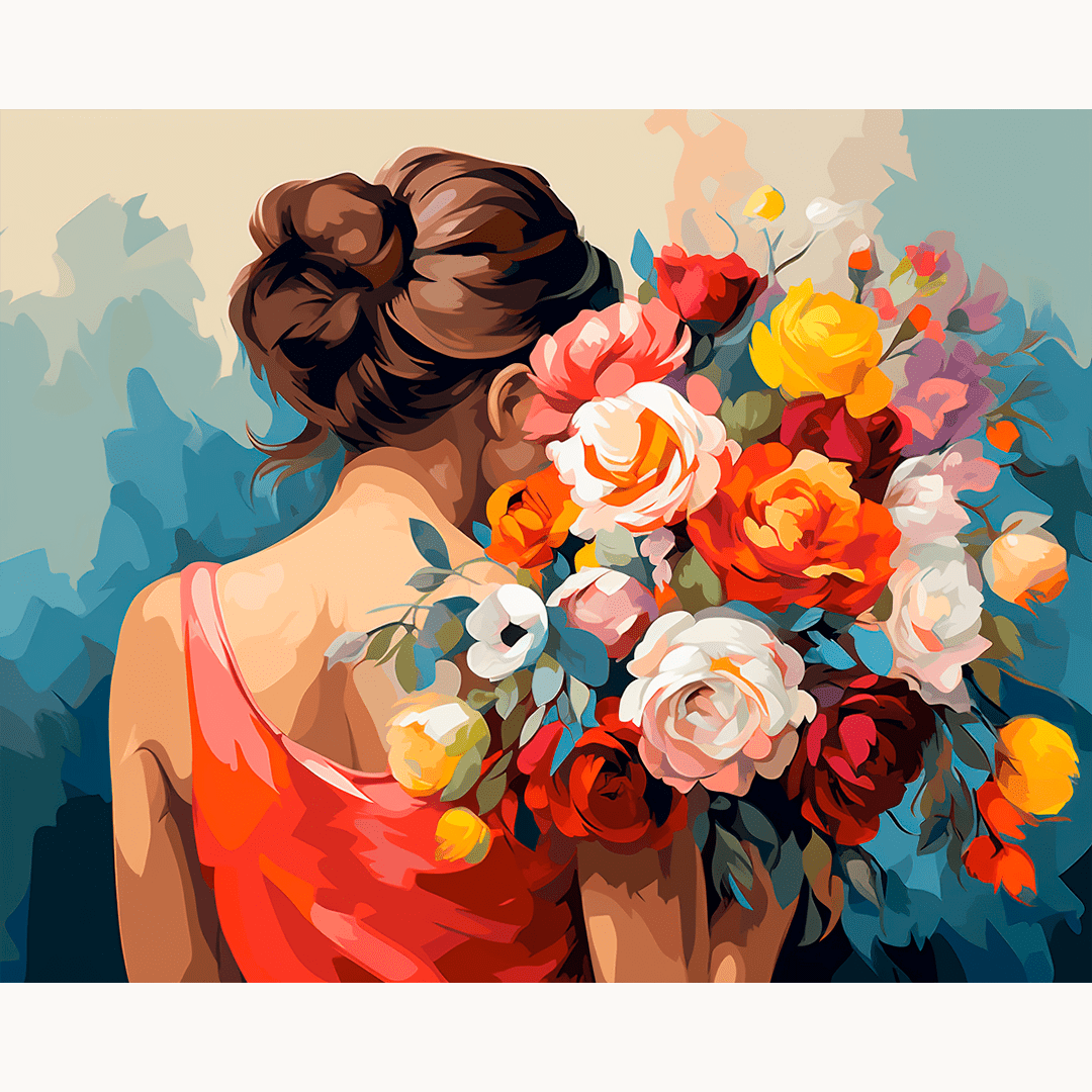 A woman stands among a vibrant array of flowers in full bloom.