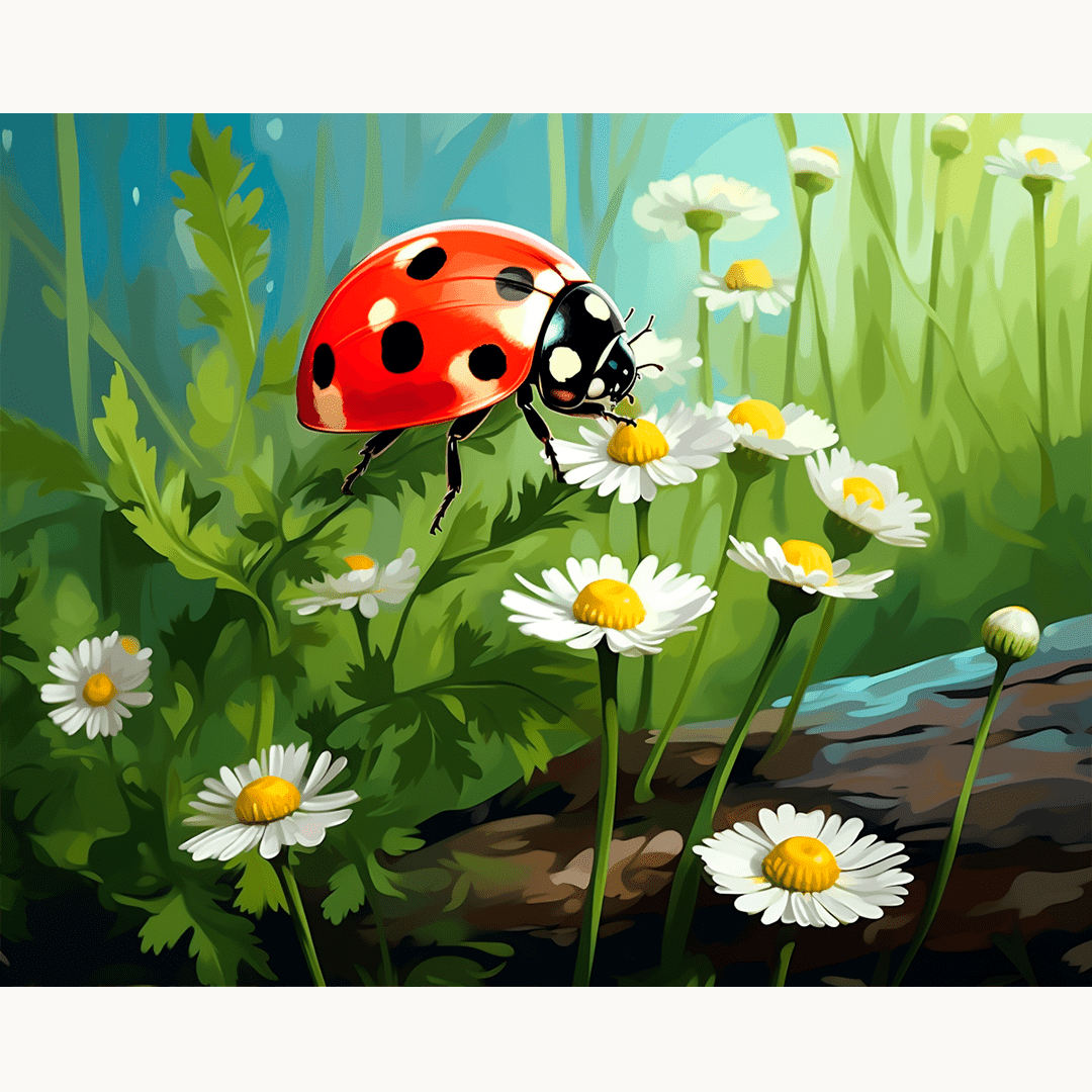 A digital illustration featuring a cartoon ladybug perched on a clover plant amidst a lush, green environment dotted with yellow flowers and a few green plants, set against a serene backdrop that suggests a sunny day..